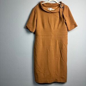 Suite 7 Women's Tan Sheath Dress Cowl Neck Short Sleeve Sz 16 Grannycore Modern